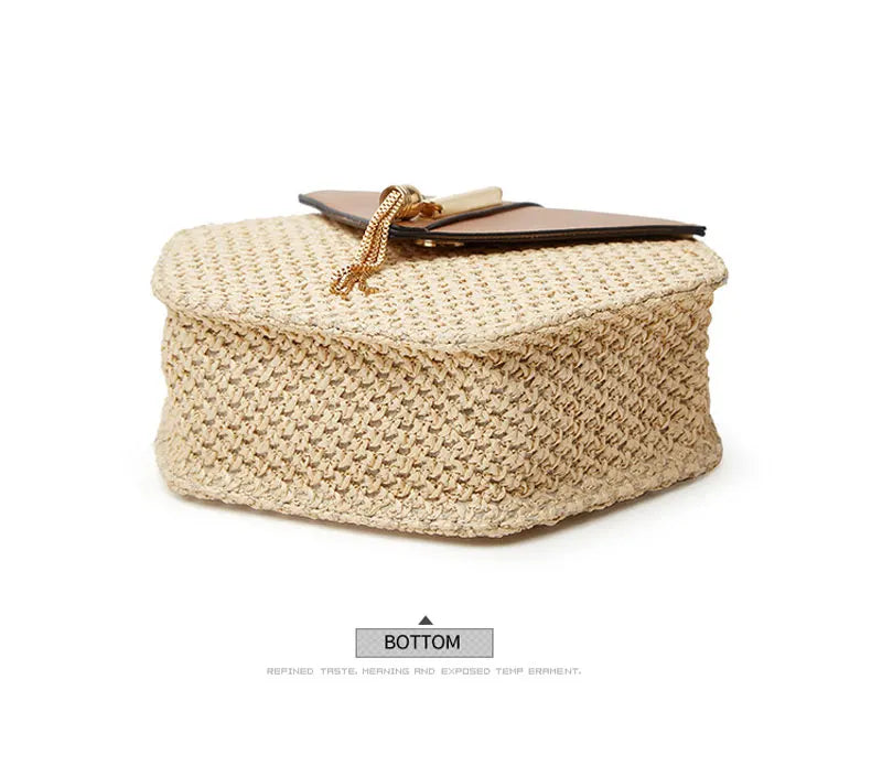 Shape Straw PU Leather Handbag Women Summer Rattan Bag Handmade Woven Beach Bohemia Chain Strap Shoulder - LKBA