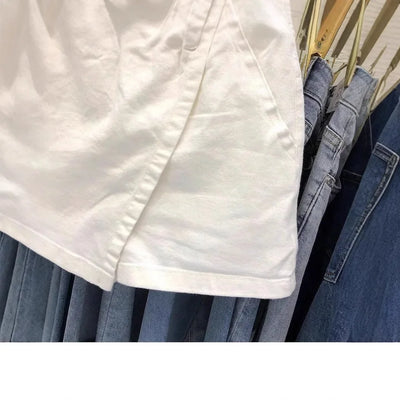 High-Waisted Cotton Mini Dress Plus Size Two-Piece Illusion Pants Skirt Slimming A- Line Half Body For Women Spring Summer White - LKBA