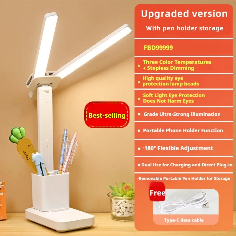 LED double-head desk lamp, 3-level dimmable touch night light, USB rechargeable, eye-protection, foldable bedside reading desk
