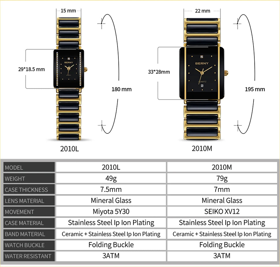 BERNY Ceramic Quartz Men Watch Fashion Luxury Rectangle Wristwatch XV12 Waterproof Calendar Diamon Black Gold Couple Gifts Watch - LKBA