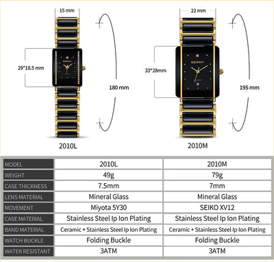 BERNY Ceramic Quartz Men Watch Fashion Luxury Rectangle Wristwatch XV12 Waterproof Calendar Diamon Black Gold Couple Gifts Watch - LKBA