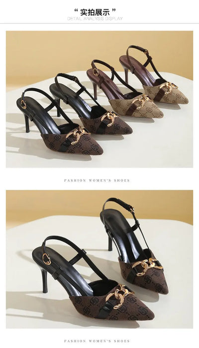 2025 Women's Fashion Baotou Sandals Spring New Pointed Head Shallow Mouth Metal Buckle Anti-slip Wear-resistant High Heels - LKBA