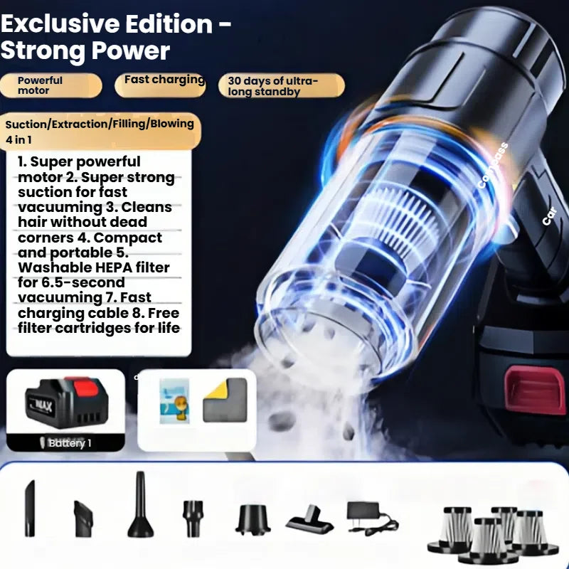 Car Vacuum Cleaner: Wireless Charging, High Suction Power, Dual-Use for Car and Home, Compact Handheld Mini Size for In-Car Use - LKBA