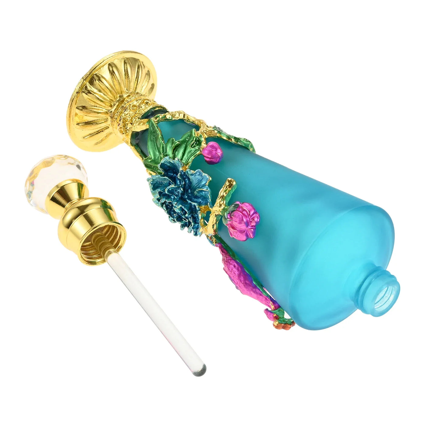 1pc 30ml Perfume Bottle Creative Enamel Peacock Flower Blue Conical Glass Jar Diamond Shape Lid 140mm/5.5" Decor Dressing Table - LKBA