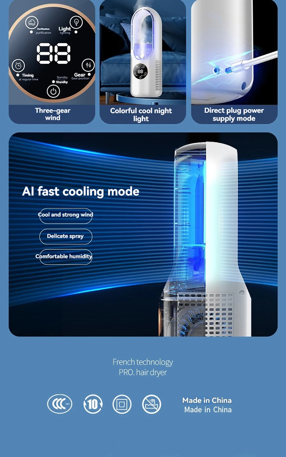 Mini Air Cooler Humidification Cooling USB Silent Timed Air Conditioning Fan Colorful Lights Night Light Led Screen 6 Wind Speed - LKBA