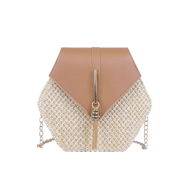 Shape Straw PU Leather Handbag Women Summer Rattan Bag Handmade Woven Beach Bohemia Chain Strap Shoulder