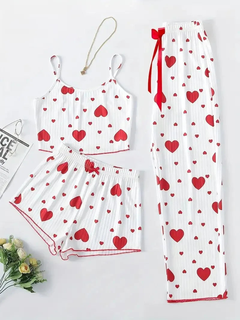 Women Sleepwear Autumn Winter Pajamas Sets Heart Print Sleeveless Cami Vest with Long Pants Trouser Set Sexy Lingerie Pyjamas - LKBA
