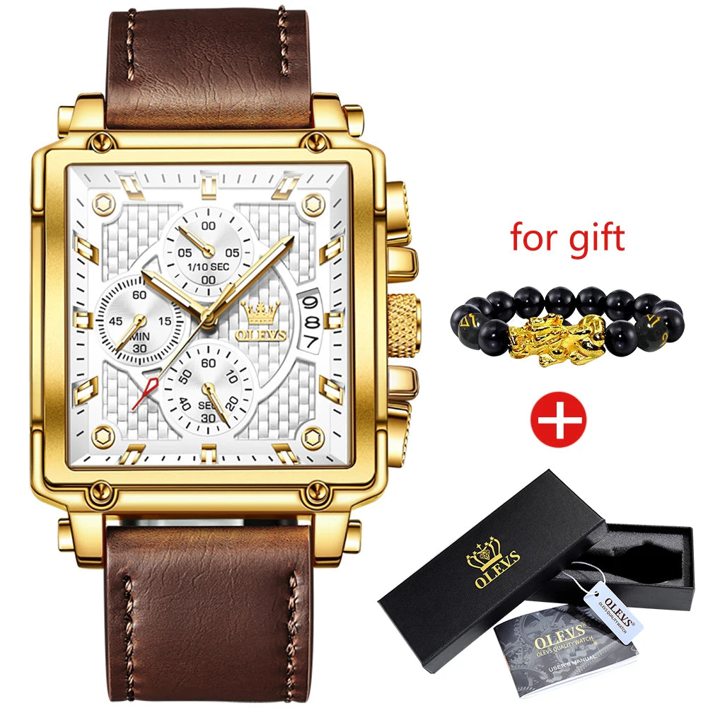 OLEVS Men's Top Brand Square Quality Quartz Wristwatch Chronograph Waterproof Original Watch for Man Luminous Date Luxury - LKBA