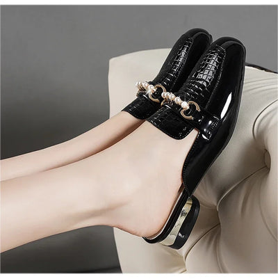 Summer New Pearl Painted Leather Low Heel Women's Slippers High Quality Flat Bottom Half Slippers Comfortable Fashionable - LKBA