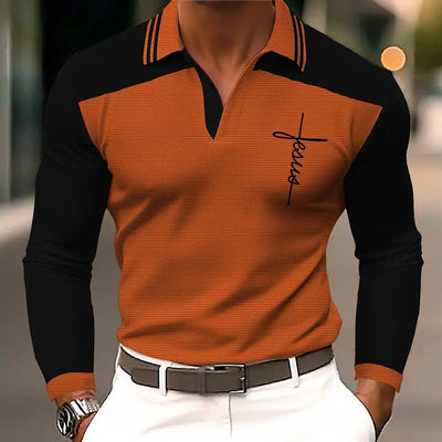 Men's 3D Printed Cross Pattern Golf Shirt Long Sleeve Polo Shirt Business Casual - LKBA