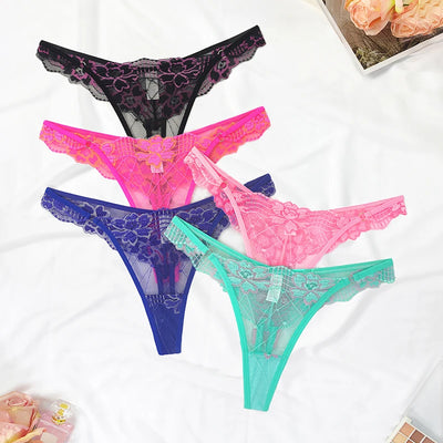 5pcs Lace Ladies G-string Perspective Floral Panties Low Waist Sexy Female Thongs Comfortable Breathable Intimate Lingerie Set - LKBA