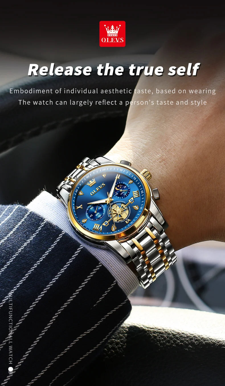 OLEVS 2856 Quartz Watch for Men Flywheel Skeleton Chronograph Moon Phase Multifunctional Stainless steel Men's Wristwatches - LKBA