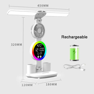 Rechargeable Led Table Lamp for Study Desk Lamp Reading Light Led Night Light with Fan Led Clock Dispaly Reading Desk Light - LKBA