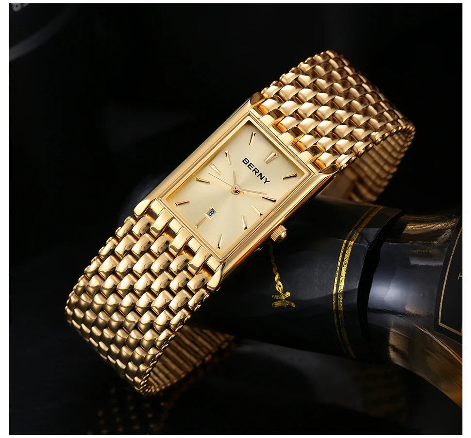 BERNY Gold Watch for Couple Luxury Women/Men Wristwatch Waterproof Golden Clock Quartz Stainless Steel Fashion Men Ladies Watch - LKBA