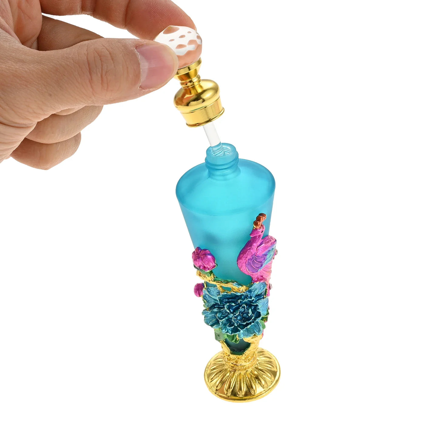 1pc 30ml Perfume Bottle Creative Enamel Peacock Flower Blue Conical Glass Jar Diamond Shape Lid 140mm/5.5" Decor Dressing Table - LKBA