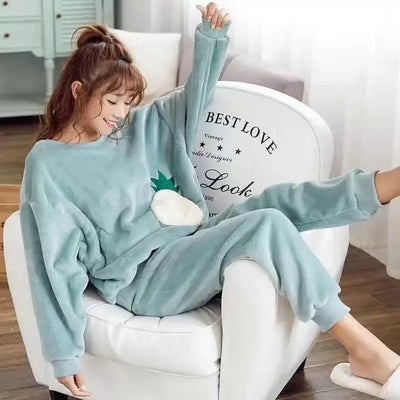 Thickened Warm Flannel Autumn and Winter Pajamas Loungewear Female Cute Cartoon Sleepwear Homewear Coral Velvet Nightwear - LKBA
