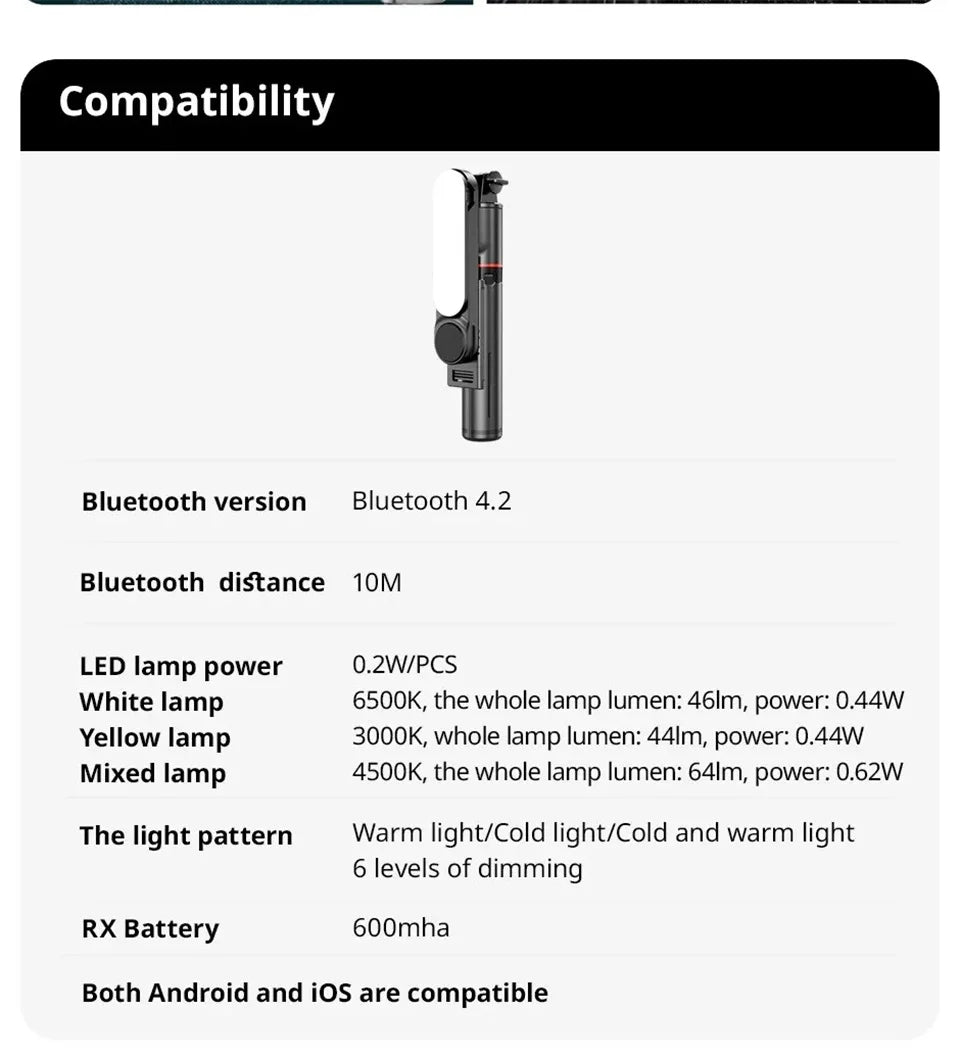 2025 New L15 Wireless Selfie Stick Tripod Stand Foldable Monopod with Led Light for Smart phones - LKBA