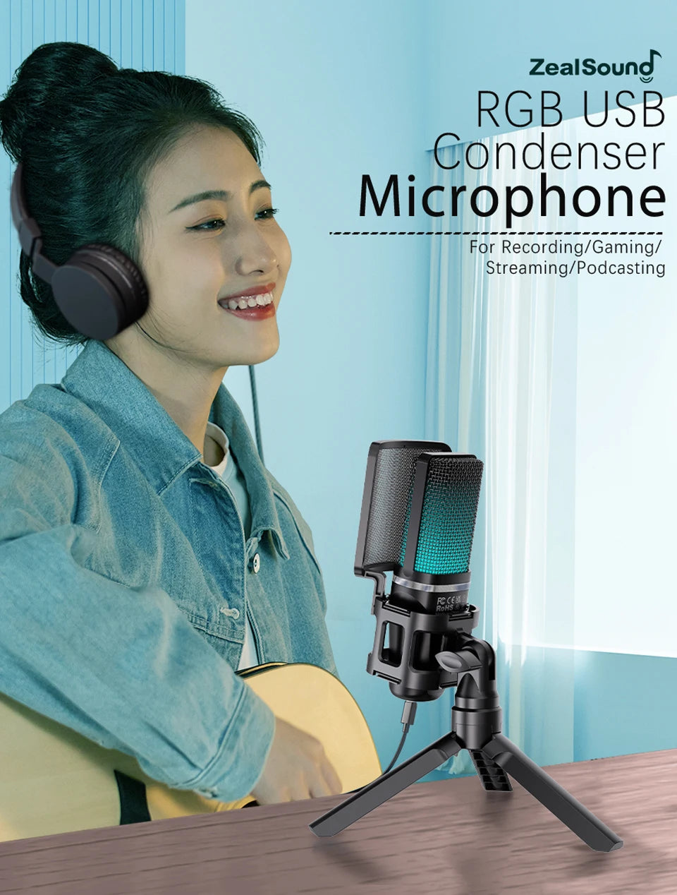 Zealsound RGB USB Condenser Gaming Microphone Computer Professional Mic For PC PS4 PS5 Mac Phone Recording Streaming Podcasting - LKBA