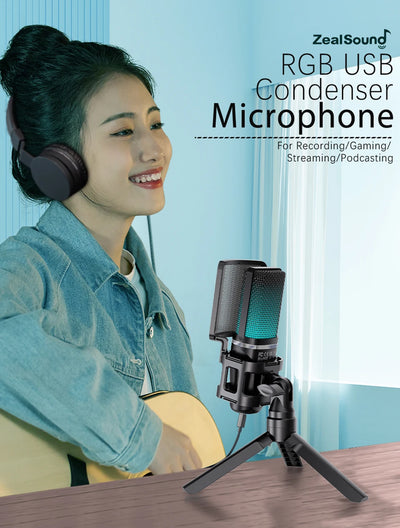 Zealsound RGB USB Condenser Gaming Microphone Computer Professional Mic For PC PS4 PS5 Mac Phone Recording Streaming Podcasting - LKBA