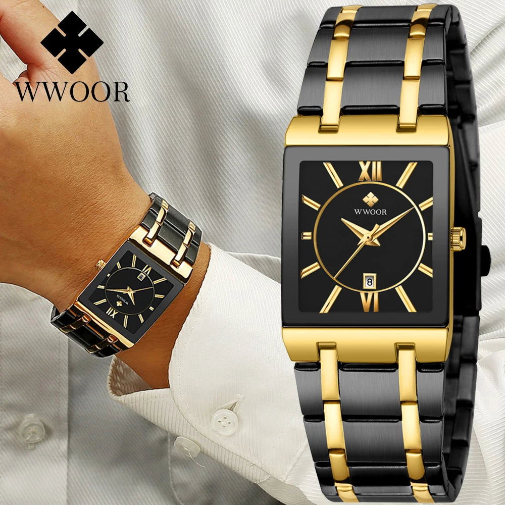 WWOOR Brand Luxury Gold Bracelet Men's Watches Fashion Square Quartz Wrist Watch For Men Stainless Steel Waterproof Reloj Hombre - LKBA