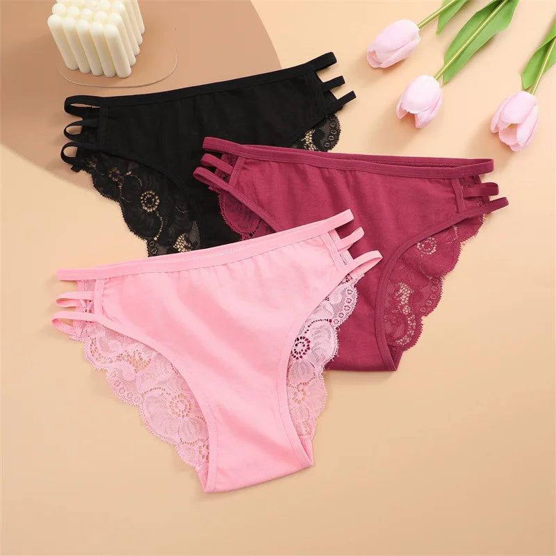 3PC/Set Women's Sexy Floral Lace Panties Low Rise Hollow Out Briefs Transparent Underwear Female Elastic Straps Soft Lingerie - LKBA