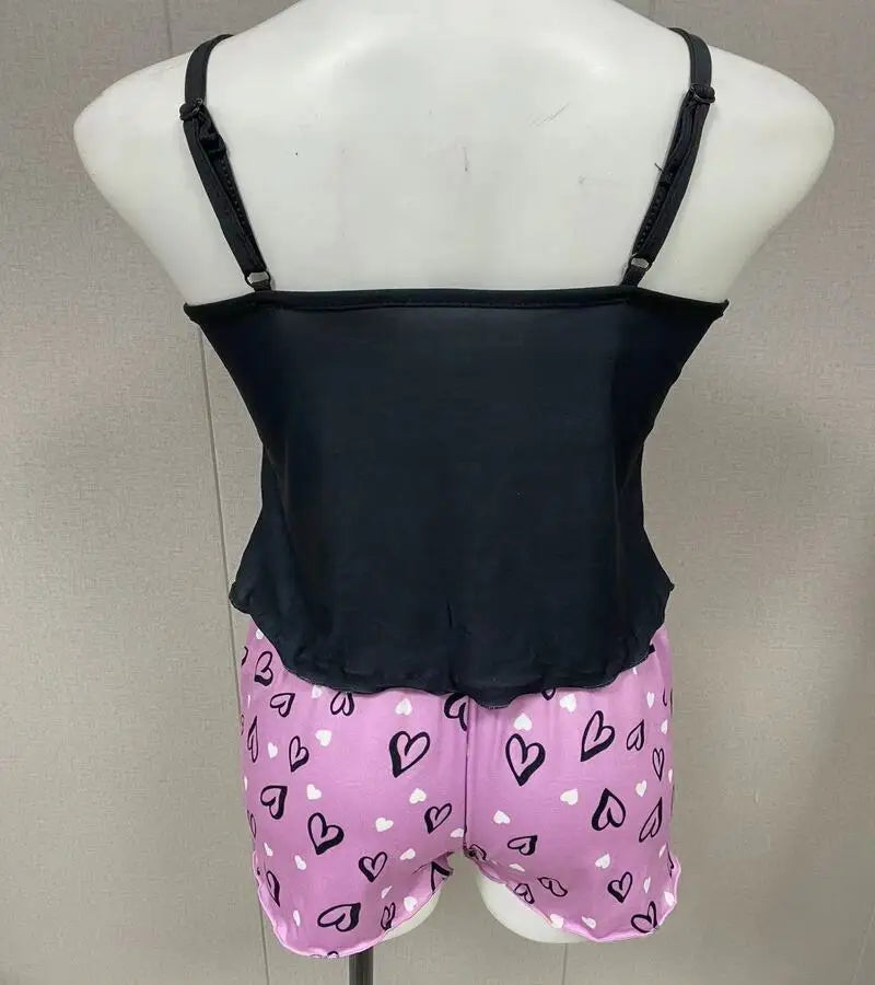 Women's Milk Silk Pajamas Set Summer Sleeveless Heart Print Shorts Sleepwear Sexy Comfortable Loungewear Two Piece - LKBA