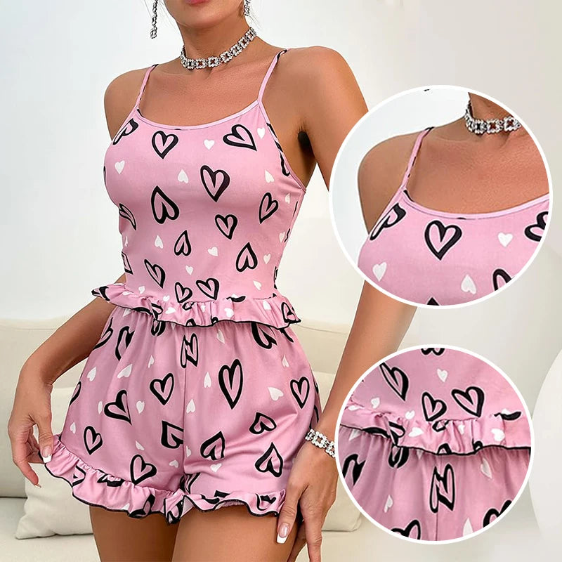 Womens' Summer Ice Silk Pink Printed Love Pajama Sexy Strap Shorts Home Clothes Set - LKBA