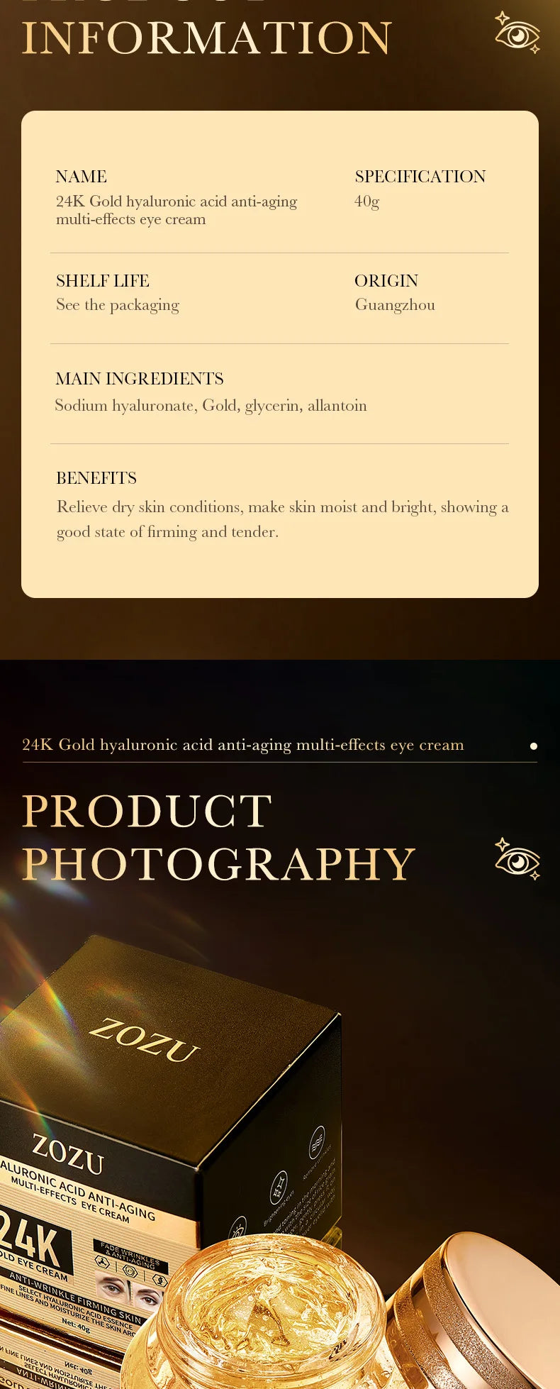 24k Gold Hyaluronic Acid Eye Cream Anti Dark Circles Eye Bags Firming Moisturizing Eyes Skin Care Prodcuts - LKBA
