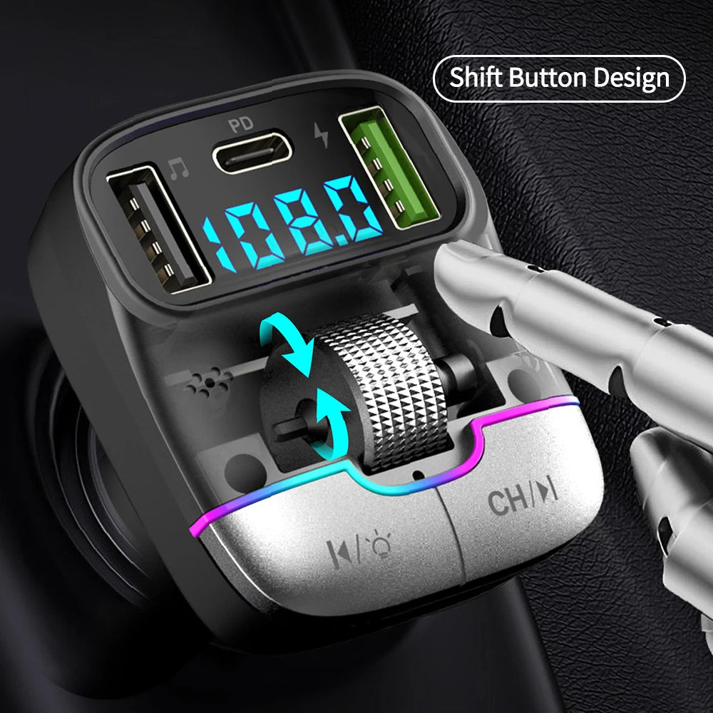 Bluetooth 5.3 Car FM Transmitter Wireless Bluetooth Car Adapter MP3 Player Handsfree Call Dual USB PD Fast Charger Roller Wheel - LKBA