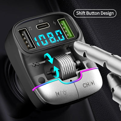 Bluetooth 5.3 Car FM Transmitter Wireless Bluetooth Car Adapter MP3 Player Handsfree Call Dual USB PD Fast Charger Roller Wheel - LKBA