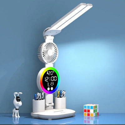 Rechargeable Led Table Lamp for Study Desk Lamp Reading Light Led Night Light with Fan Led Clock Dispaly Reading Desk Light - LKBA
