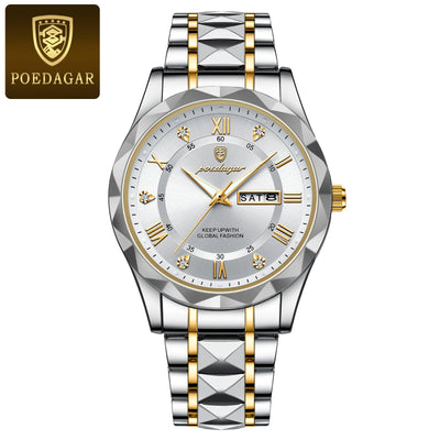 POEDAGAR Top Brand Luxury Men's Watches Waterproof Luminous Calendar Week Watch For Man Casual Stainless Steel Quartz Men Watch - LKBA