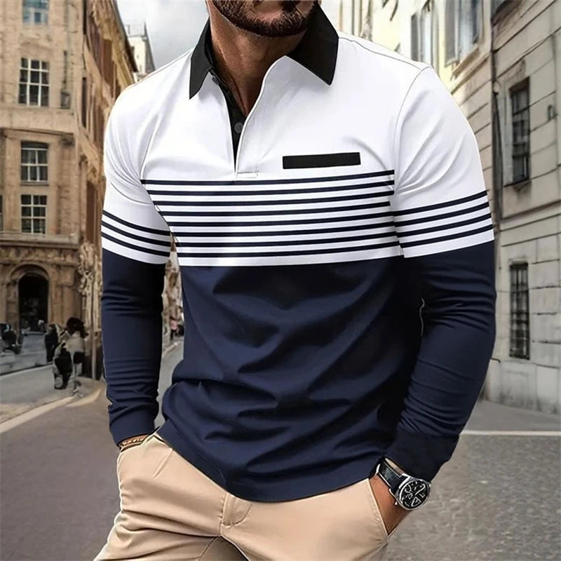 Men's Horizontal Stripes Graphic Polo Fall Winter Long Sleeve Polo Shirts Athleisure Daily Wear 3D Print Breathable Buttons Tops - LKBA
