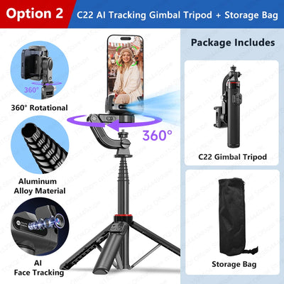 C22 AI Face Tracking Handheld Gimbal Stabilizer 360° Rotation Shoot Selfie Stick Tripod