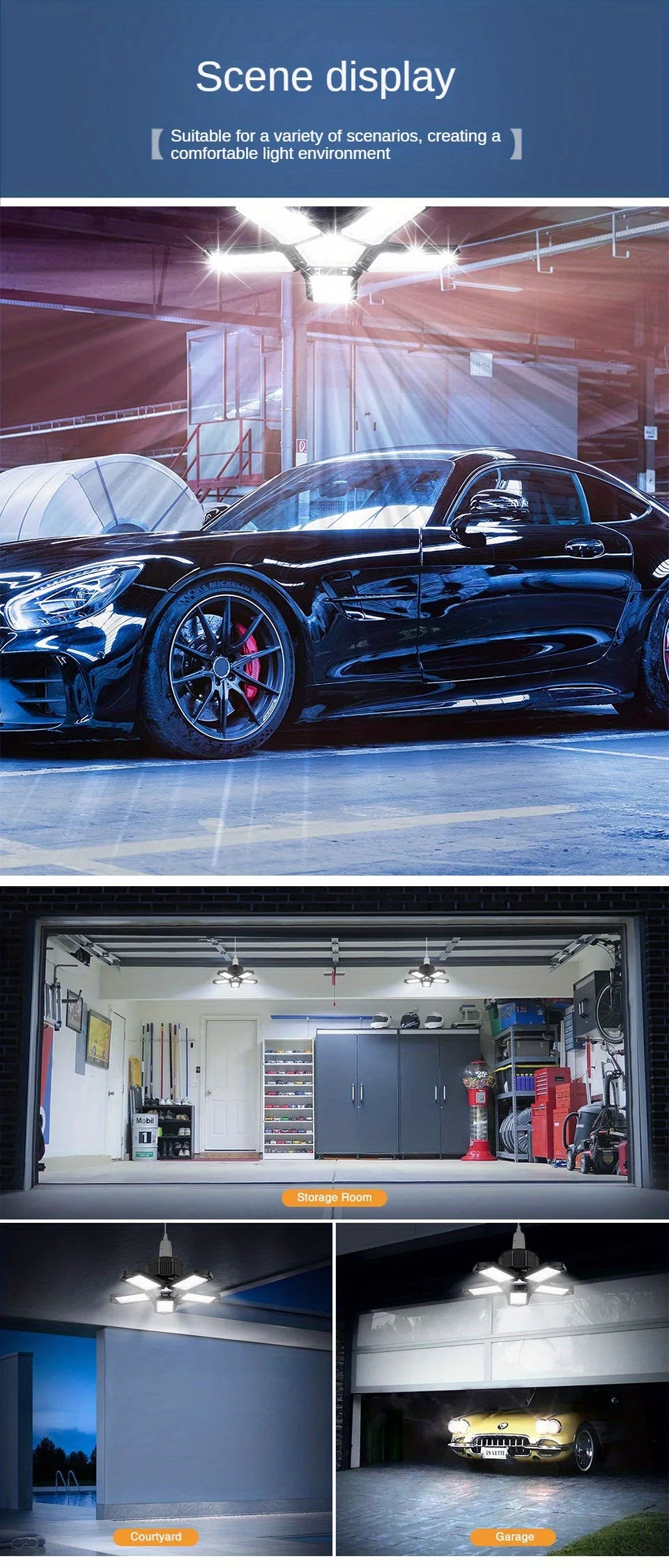 LED Garage Light Bulbs 45W 60W 80W10000LM Super Bright Garage Lighting LED Shop Light With Adjustable Panels, E27 Screw Socket - LKBA