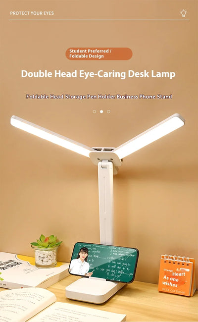 LED double-head desk lamp, 3-level dimmable touch night light, USB rechargeable, eye-protection, foldable bedside reading desk - LKBA