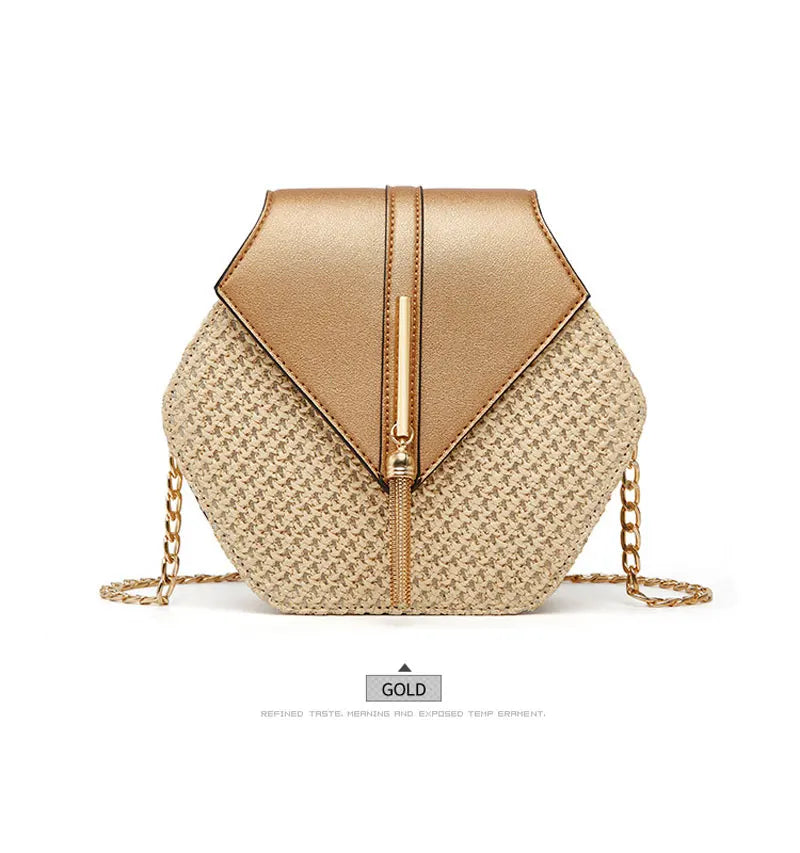 Shape Straw PU Leather Handbag Women Summer Rattan Bag Handmade Woven Beach Bohemia Chain Strap Shoulder - LKBA