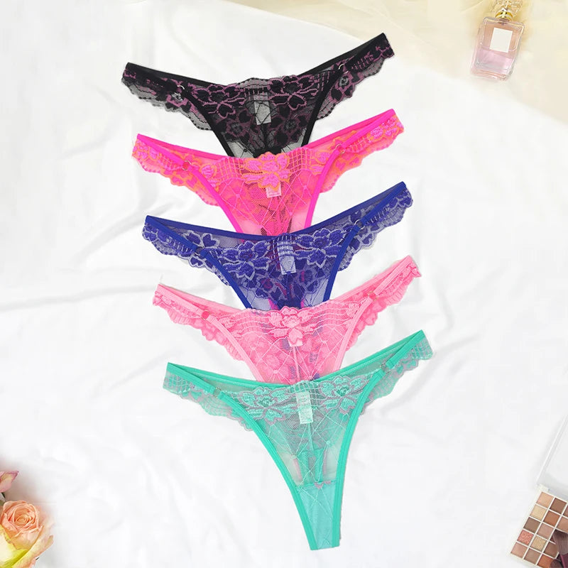5pcs Lace Ladies G-string Perspective Floral Panties Low Waist Sexy Female Thongs Comfortable Breathable Intimate Lingerie Set - LKBA