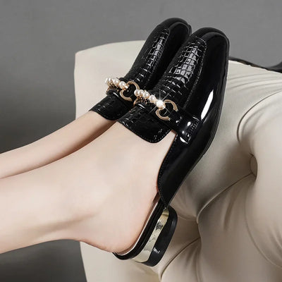 Summer New Pearl Painted Leather Low Heel Women's Slippers High Quality Flat Bottom Half Slippers Comfortable Fashionable - LKBA