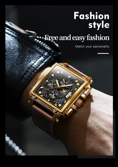 OLEVS Luxury Classic Men's Watches Top Brand Original Quartz Square Quartz Watch for Man Leather Strap Waterproof Luminous Date - LKBA