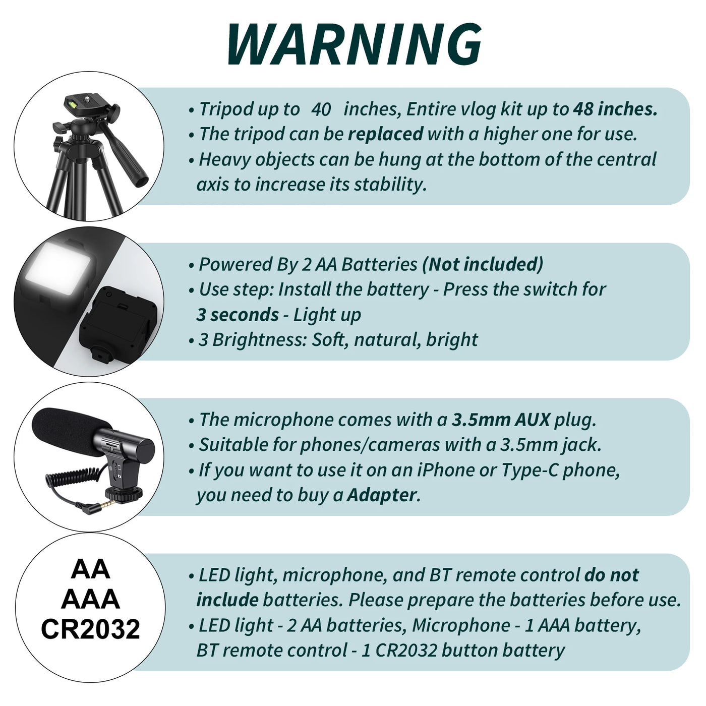 Portable Vlogging Kit 48IN Phone Camera Tripod with Microphone LED Light for Photo Vlog Selfie Interview Live Streaming - LKBA