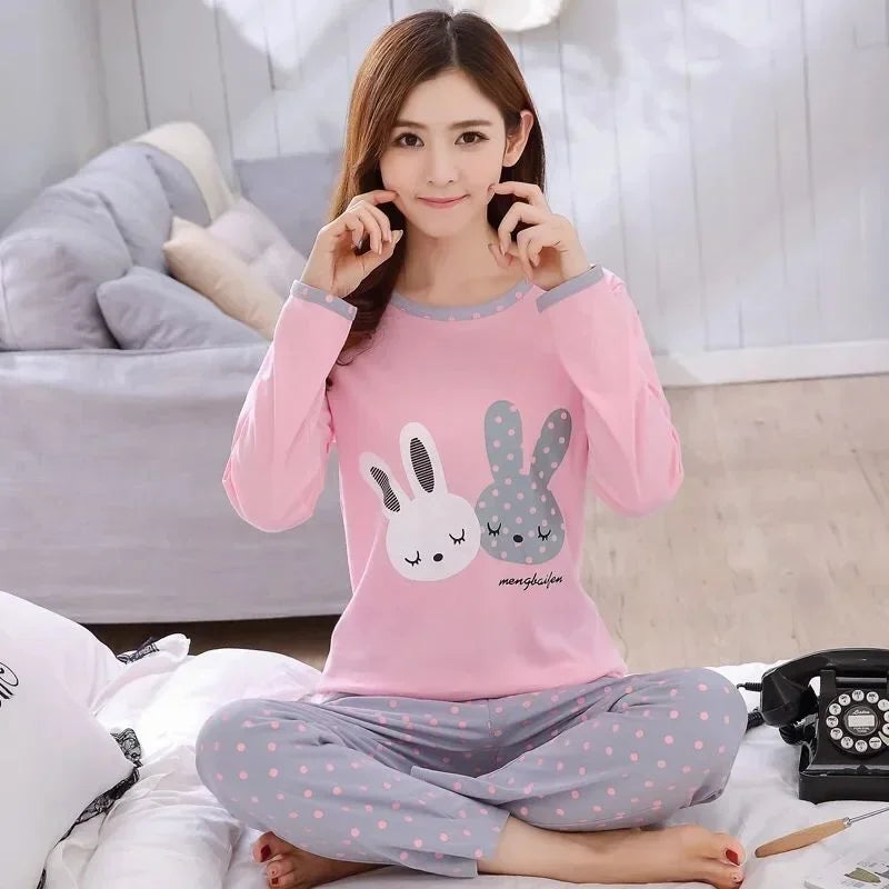 Autumn 2pieces Pyjamas Set Women Thin Sexy Sleepwear Lovely Home Suit 2025 Round Neck Girls Teacup Sleepwear Long Sleeve Pajamas - LKBA