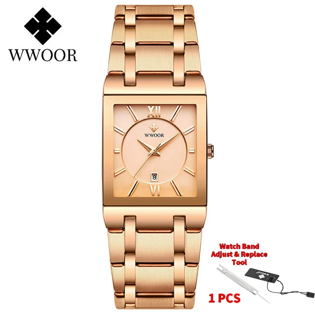 Fashion Stainless Steel Watches Men 2024 WWOOR Square Waterproof Quartz Watch Men Top Brand Luxury Gold Black Wristwatch For Man