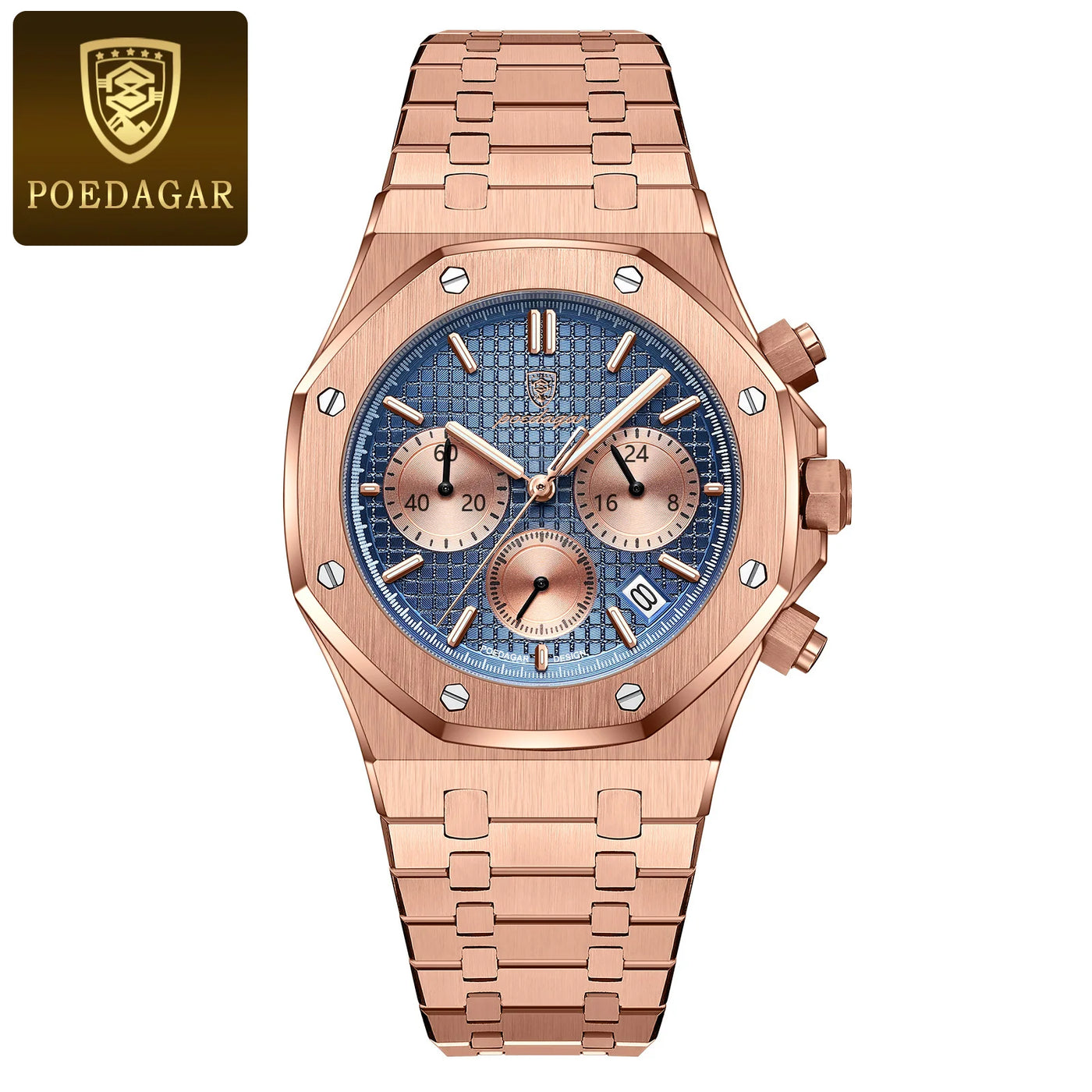 POEDAGAR Original Luxury Men's Watches Date Chronograph Stainless Steel Quartz Watch Waterproof Luminous Fashion Man Wristwatch - LKBA