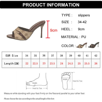 Elegant Metal Buckle High Heels Slippers Women Brand Design Printed Thin Heeled Sandals Woman Fashion Dress Party Shoes Size 42 - LKBA