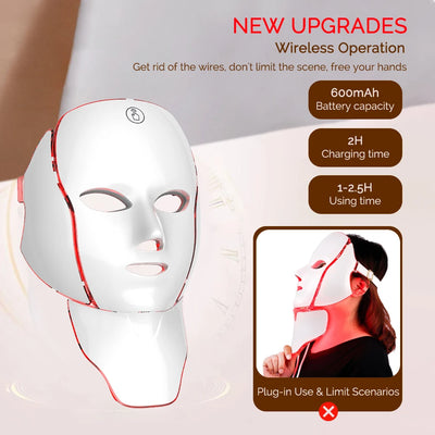 LED Facial Mask with Neck 7 Colors Light Therapy Red Light Facial Mask for Anti-Aging Rejuvenation Brighten Skin Beauty Device - LKBA