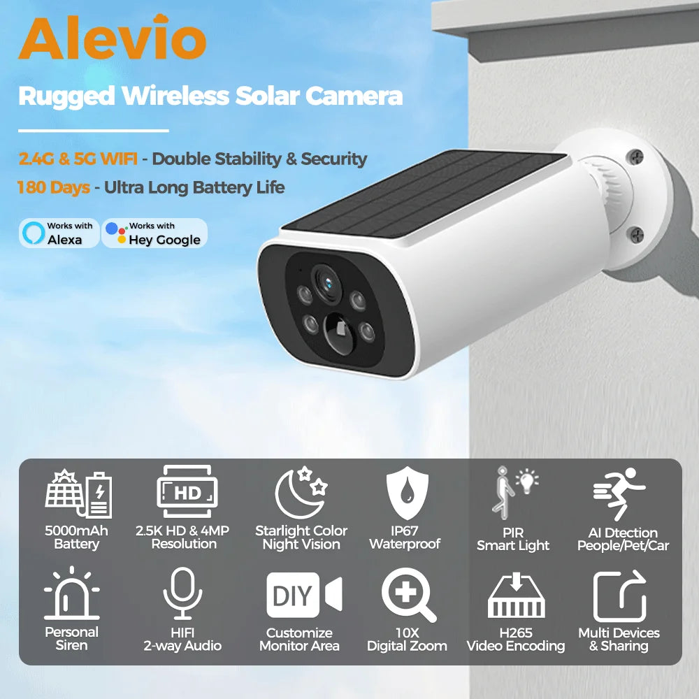 ALEVIO 2.5K Outdoor Solar Camera Wireless Cam WIFI Ultra Standby Time PIR Motion Light Color Night Vision AI Detect Battery Cam - LKBA