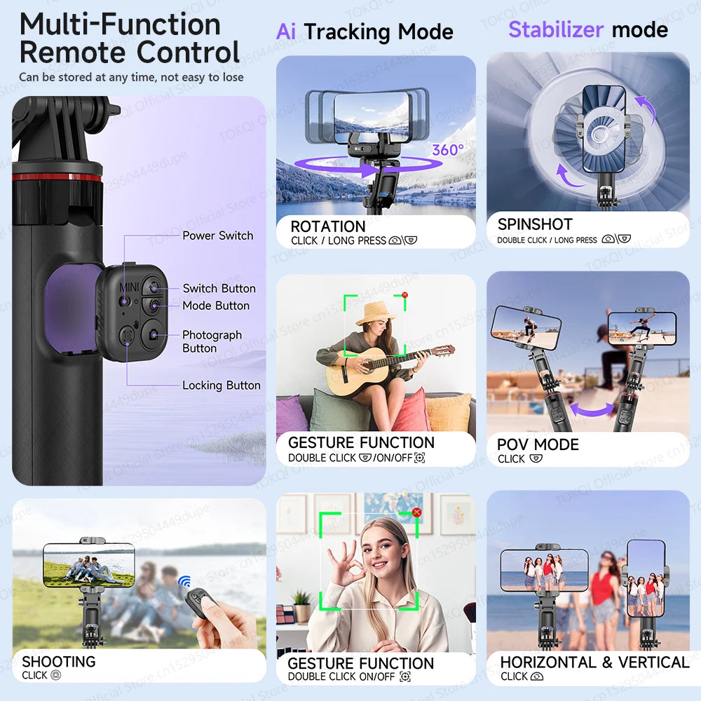C22 AI Face Tracking Handheld Gimbal Stabilizer 360° Rotation Shoot Selfie Stick Tripod - LKBA