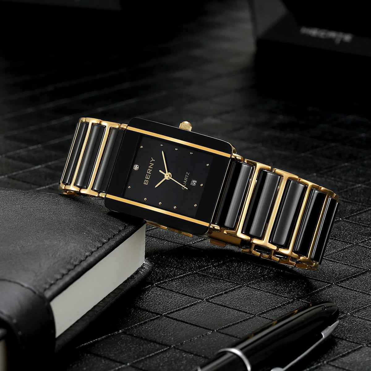 BERNY Ceramic Quartz Men Watch Fashion Luxury Rectangle Wristwatch XV12 Waterproof Calendar Diamon Black Gold Couple Gifts Watch - LKBA