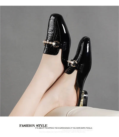 Summer New Pearl Painted Leather Low Heel Women's Slippers High Quality Flat Bottom Half Slippers Comfortable Fashionable - LKBA